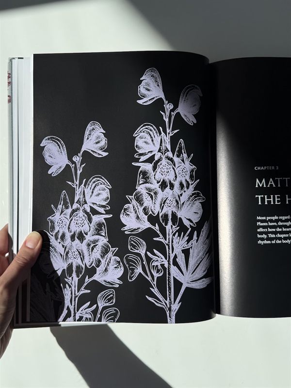 Open book with white botanical artwork on black pages